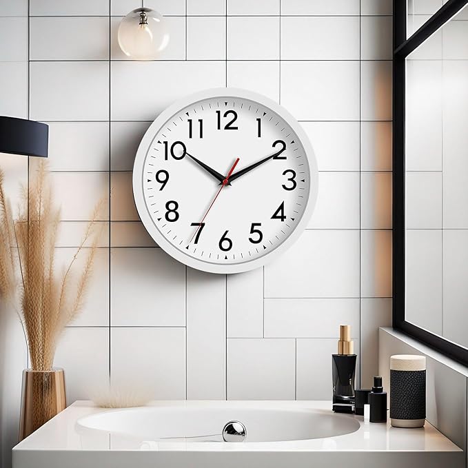 DAXSMY 12 Inch Wall Clock Battery Operated Silent Non Ticking Analog Modern Decorative for Office Kitchen Outdoor Living Room Classroom Bedroom Bathroom School(White)