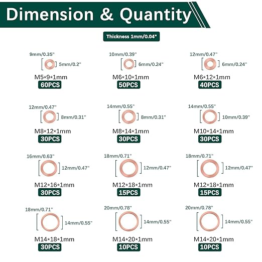 350 PCS, Premium Copper Metric Sealing Crush Washers Assortment Kit, Enhanced Flat Ring Oil Drain Plug Crush Washer Gasket Seal Set, Banjo Bolt Washers for Automotive, Motorcycles （10 Size）