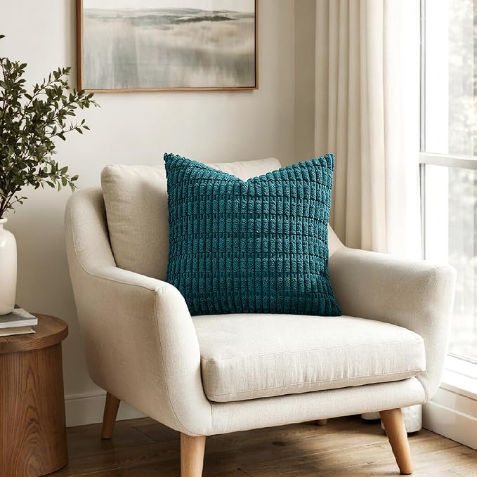 MIULEE Pack of 2 Corduroy Decorative Throw Pillow Covers 18x18 Inch Soft Boho Striped Pillow Covers Modern Farmhouse Home Decor for Summer Coastal Sofa Living Room Couch Bed Teal