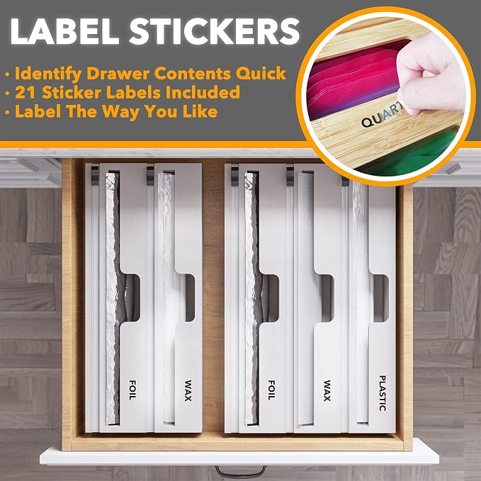 SpaceAid WrapNeat 3 in 1 Wrap Organizer with Cutter and Labels, Plastic Wrap, Aluminum Foil and Wax Bamboo Dispenser for Kitchen Storage Organization Holder for 12" Roll (White)