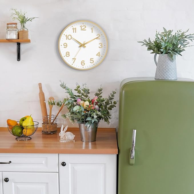 Roymnie Wall Clock 12 Inch Silent Wall Clocks Battery Operated-Modern Non Ticking Analog Clock Decorative for Kitchen Bedroom Office (White Gold)
