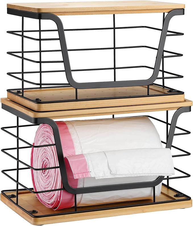 ALOCEO 2 Pack Large Garbage Bag Dispenser for 13/30/33 Gallon Bags, Potato and Onion Storage Baskets with Bamboo Lid, Stainless Steel Stackable Storage Bins for Kitchen Laundry Pantry Room