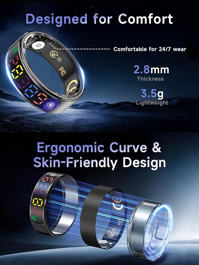 Smart Ring for Women Men, Health Ring with Colorful Display, Fitness Tracker with Heart Rate, Blood Oxygen, Sleep Monitor, No Subscription Fee, 5ATM Waterproof for iPhone & Android (Silver, 10)