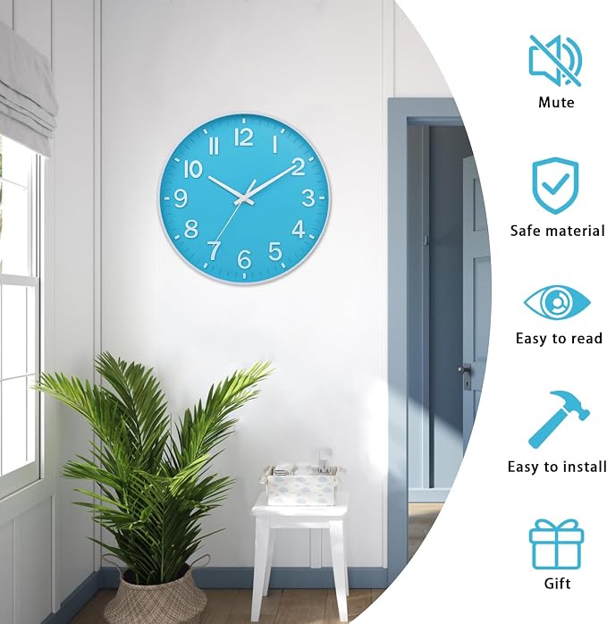 HZDHCLH Wall Clocks Battery Operated,Wall Clock Blue and White 10 inch Wall Clock Silent Non Ticking Modern 3D Numbers for Office Kitchen Classroom Bedroom Living Room Decor