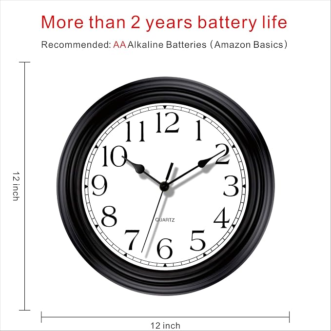 Foxtop Silent Non-Ticking Round Classic Clock Retro Quartz Decorative Battery Operated Wall Clock for Living Room Kitchen Home Office (12 Inch, Black)