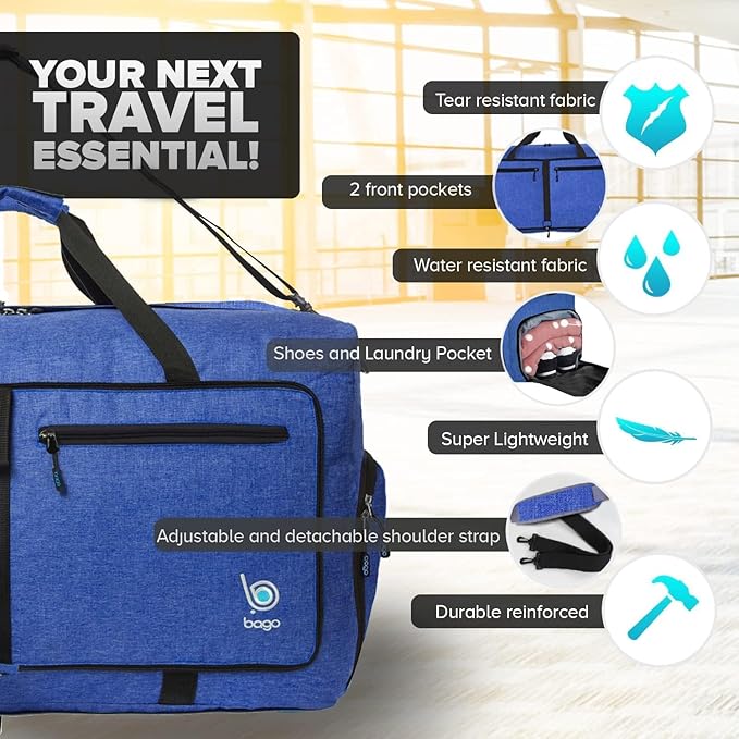 Bago Foldable Duffel Bags for Traveling Women & Men - 60L Medium Packable Duffle Bag for Travel with Shoe Compartment - Water Repellant, Heavy Duty, Lightweight Folding & Collapsible (SnowDepBlue)