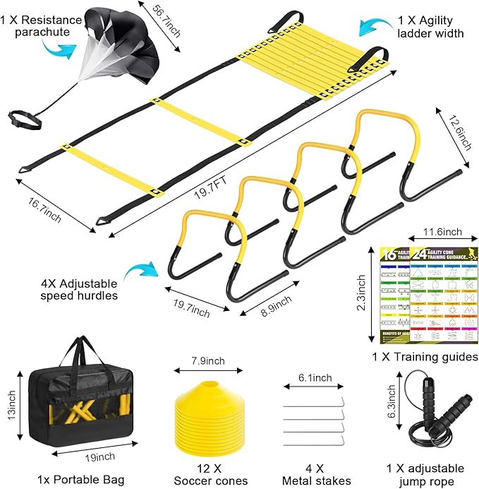 Soccer Training Equipment, Agility Speed Training Set with 20ft Speed Ladder, 12 Cones, 4 Adjustable Hurdles, Jump Rope, Parachute | Ideal for Basketball, Football Practise, for Kids, Youth, Adults