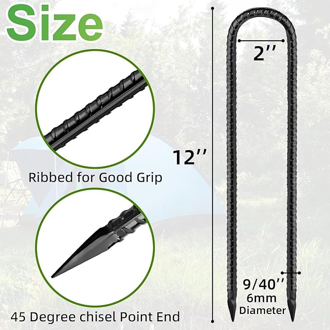 Black Trampoline Stakes Anchors High Wind 12inx6mm Galvanized U Hook 10pcs Rebar Stakes – Heavy Duty Ground Anchors for Trampoline,Yard & Inflatable,Landscape Metal Stakes for Outdoor Decorations