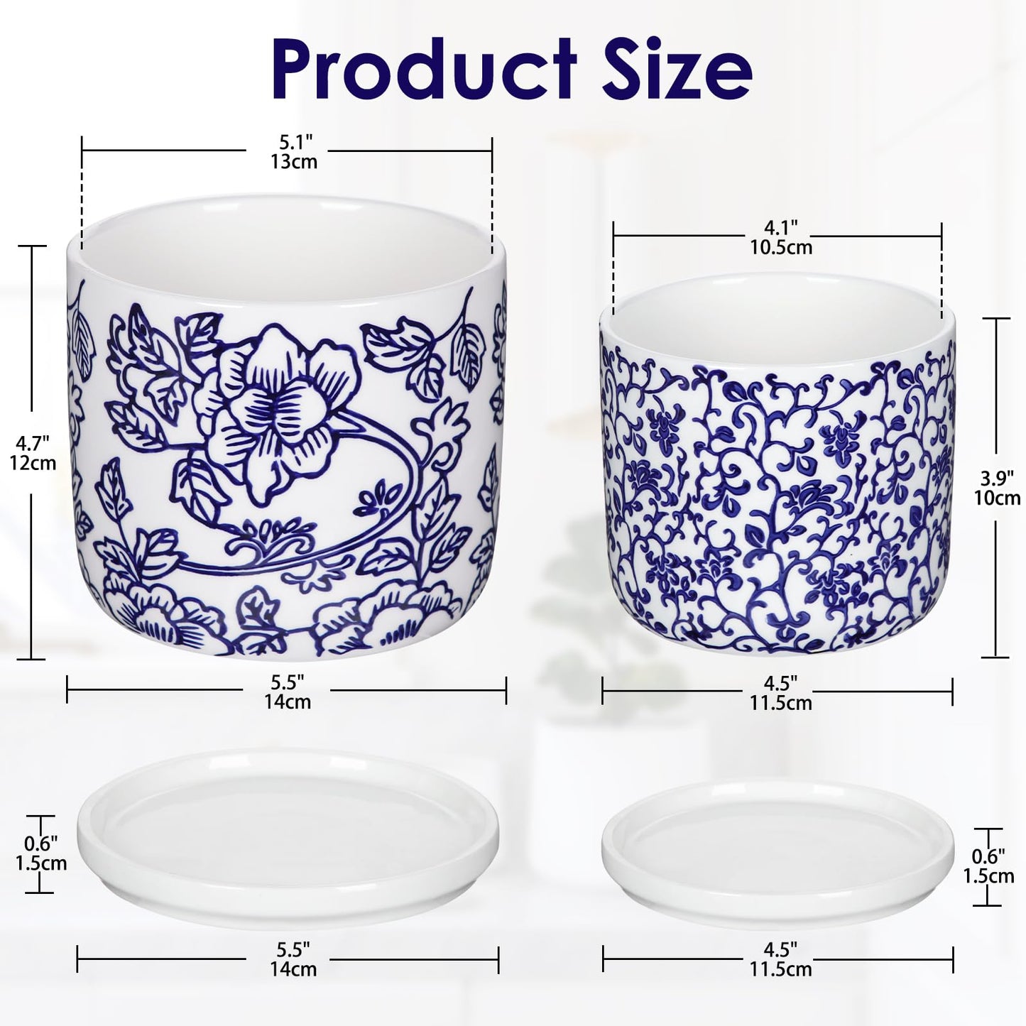 Set of 2 Blue and White Ceramic Plant Pots with Drainage Hole and Saucers, Retro Blue Porcelain Vase Round Planters for Succulent Cactus Indoor Outdoor Garden Home Desktop Decor, 4.5+5.5 Inch