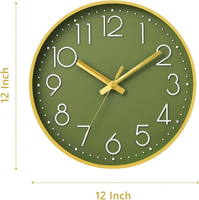 DAXSMY Wall Clock - 12 Inch Silent Non-Ticking Modern 3D Wall Clocks Battery Operated - Decorative Clock for Kitchen, Home Office, Bathroom, Bedroom, Living Room(Green)