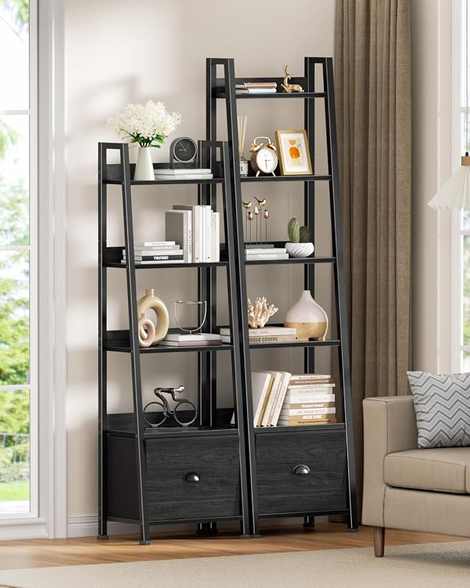 Furologee 6 Tier Ladder Shelf,Ladder Bookshelf with Drawer,Industrial Tall Bookcase,Storage Rack Organizer,Wood Metal Freestanding Shelves for Living Room, Home Office, Bedroom,Black Oak