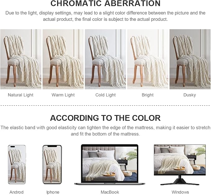 BOURINA Fluffy Chenille Knitted Fringe Throw Blanket Lightweight Soft Cozy for Bed Sofa Chair Throw Blankets, Off White 60"x80"