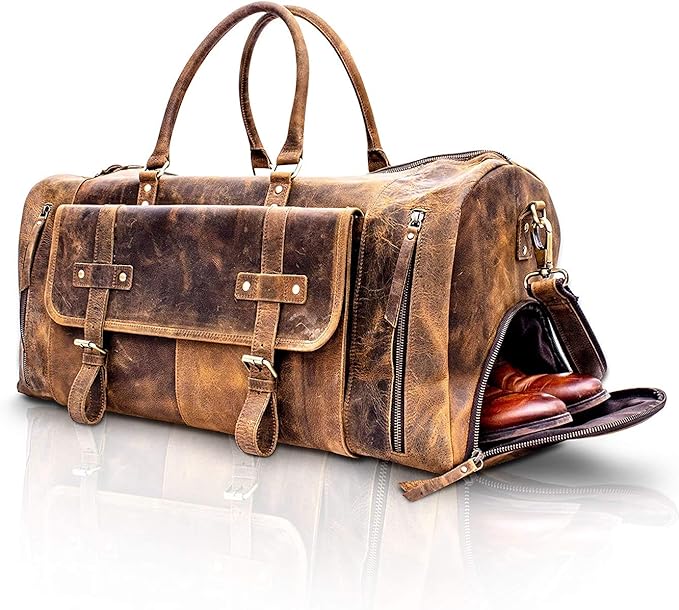 KomalC 24 Inch Leather Duffel Bags for Men and Women Full Grain Leather Travel Overnight Weekend Leather Bags Sports Gym Duffle for Men (Brown Tan with shoe pocket)