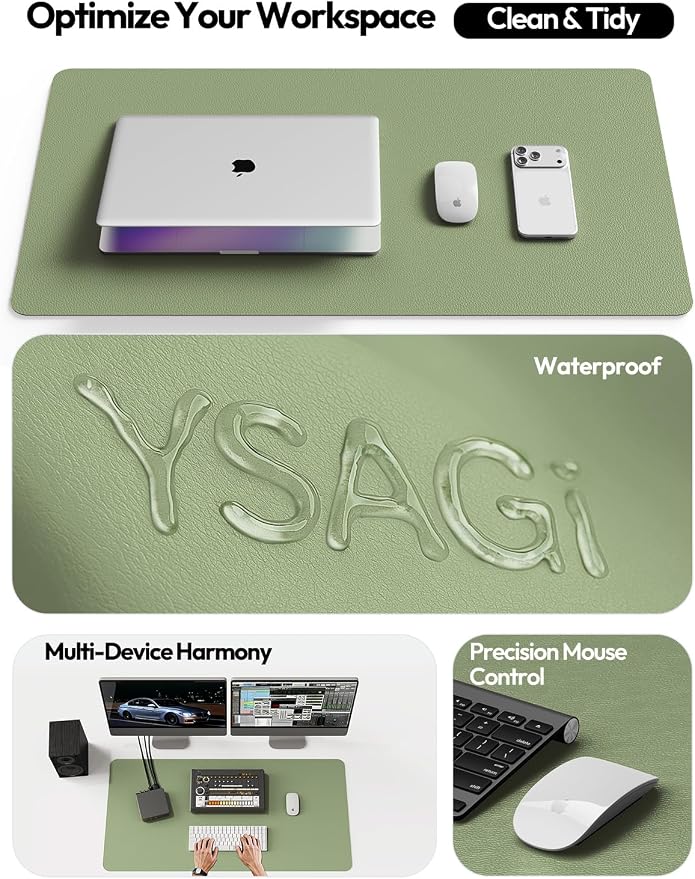 YSAGi Leather Desk Protector, Office Mat, Large Mouse Mat, Non-Slip PU Leather Blotter, Laptop Desk Pad, Waterproof Writing Pad for Office and Home (Bamboo Green, 47.2" x 23.6")