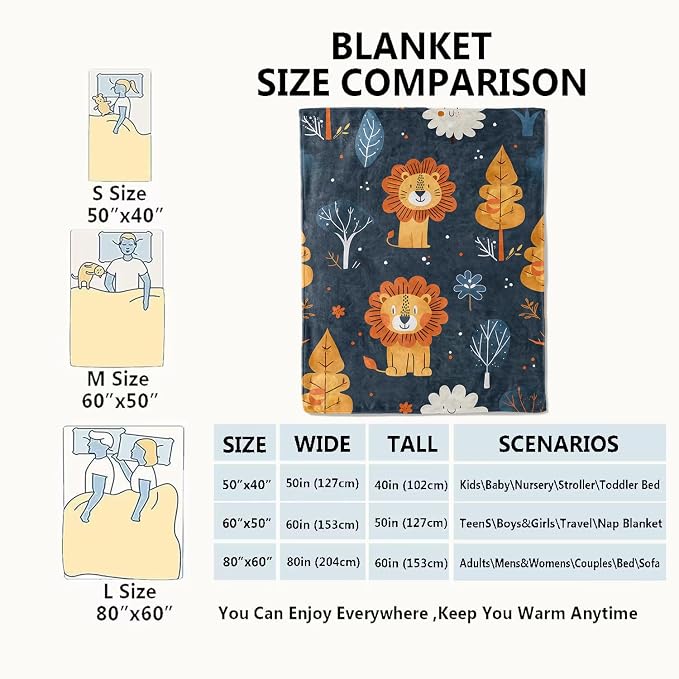 Lion Blanket Cute Cartoon Jungle Tree Throw Blankets,Birthday Gifts for Kids Adult & Animal Lovers,Lightweight Soft Fleece,for Sofa Couch Bed Room Rustic Safari-Themed Decor 40x50in