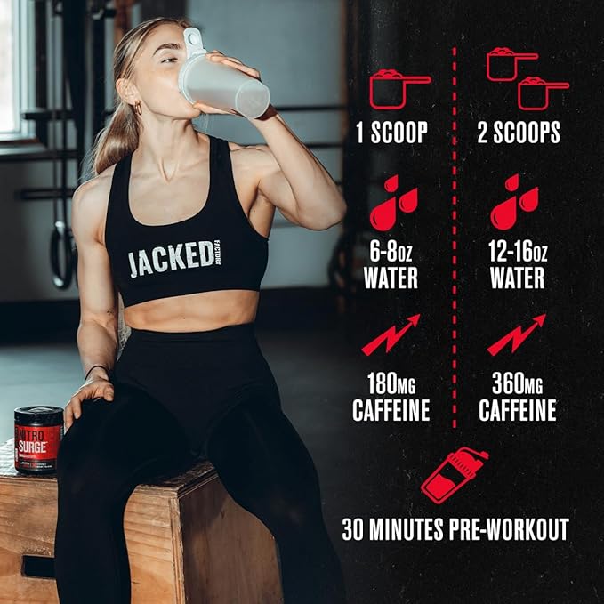 Jacked Factory NITROSURGE Shred Pre Workout Supplement - Energy Booster, Instant Strength Gains, Sharp Focus, Powerful Pumps - Nitric Oxide Booster & PreWorkout Powder - 30Sv, Black Cherry