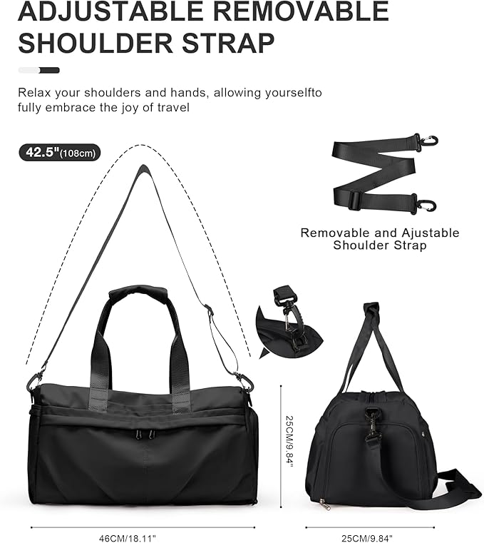 Gym Bag for Women Men, Sport Duffel Bag with Toiletry Bag & Shoe Compartment,Waterproof Travel Weekender Overnight Carry on Bag for Yoga with Trolley Sleeve, Black Set
