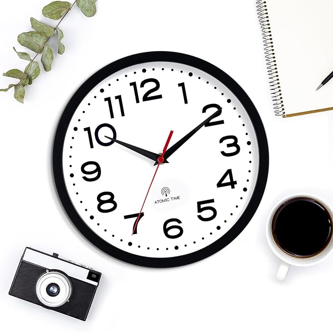 Roymnie Atomic Wall Clock 10 Inch, Modern Clock Battery Operated Classic Analog Decorative for Kitchen, Living Room, Office, Bedroom, Bathroom (Black)