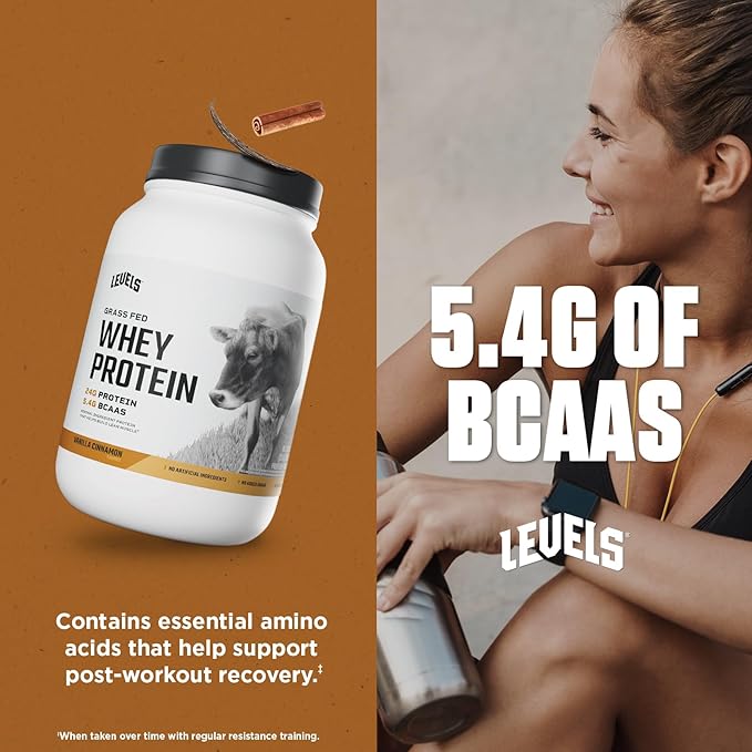 Levels Grass Fed Whey Protein Powder, No Artificials, 24G of Protein, Vanilla Cinnamon, 2LB
