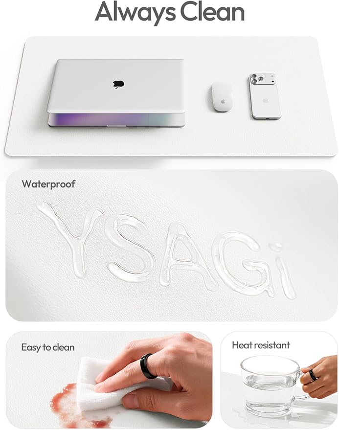 YSAGi Leather Desk Protector, Office Mat, Large Mouse Mat, Non-Slip PU Leather Blotter, Laptop Desk Mat, Waterproof Writing Pad for Office and Home(White, 63" x 24")