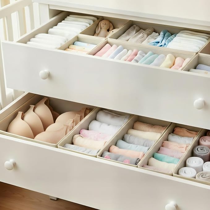 Drawer Organizer Set 6 Pack - Foldable Fabric Storage Bins with Zipper Bottom for Underwear Socks Bras Baby Clothes - Closet Dresser Organizers Dividers for Bedroom Nursery, Beige