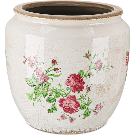 LemonRoad 7 Inch Large Vintage Ceramic Planter with Drainage Holes Ice Crackle Flower Vase Flower Pot with Vintage Rose Pattern for Indoor Outdoor Plants Garden Home Kitchen Office Shelf Decor