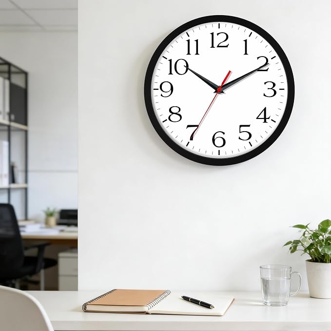 DAXSMY 12 Inch Wall Clock - Battery Operated, Silent Non-Ticking Analog Sweep Movement - Easy to Read Numbers for Home, Office, Kitchen, Classroom (Black)