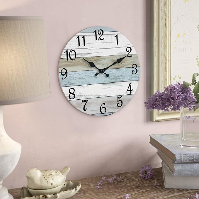 CHYLIN Wall Clock 14 Inch Bathroom Clock, Rustic Wall Clocks Battery Operated, Silent Non Ticking Wooden Coastal Beach Clock for Kitchen, Living Room, Bedroom, Office (White)