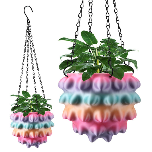 Enhon 6 Inch Hanging Planters for Indoor Plants, Unique Hanging Pots for Plants with Drainage and Hanger Baskets Hangers, Spiked Orb Plant Hanger, Silky Rainbow Finish