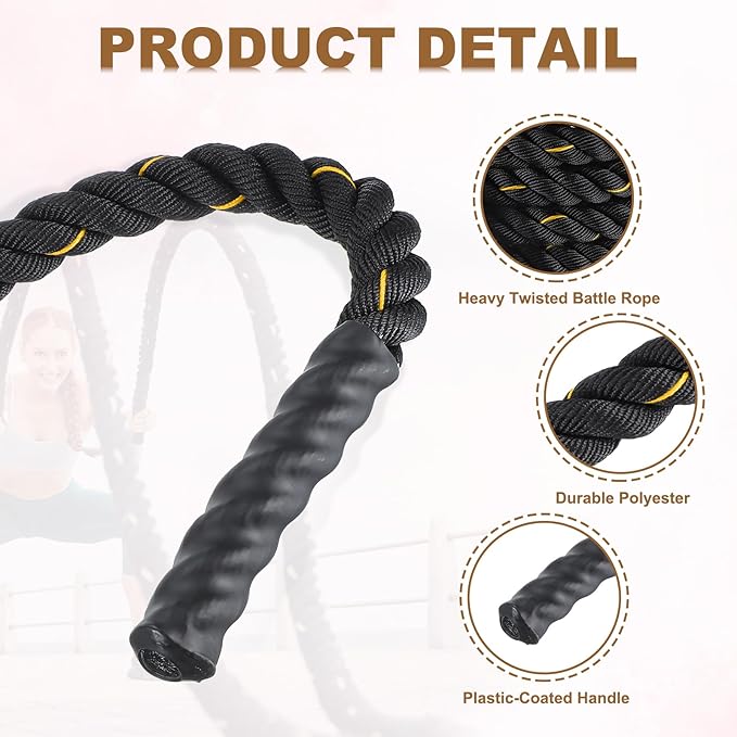 MECCANIXITY Battle Rope 20ft x 1.5 Inch Polyester Workout Rope Heavy Fitness Exercise Rope for Strength Training Home Gym Muscle Building, Black Yellow