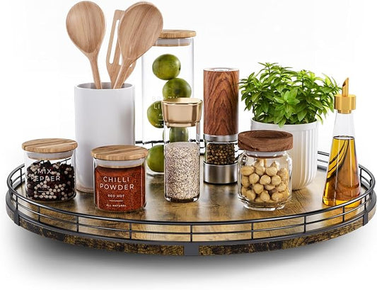 Lazy Susan Turntable Organizer for Table Top, 18’’ Round Wooden Lazy Susan for Cabinet Kitchen Countertop Pantry Dining Coffee Table for Condiments Spices, Rustic Bathroom Vanity Tray for Soap Candle