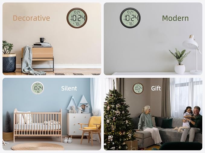 Digital Wall Clock Battery-Operated, 8 Inch Small Decorative Modern Wall Clock with Date, Temperature, Auto-DST, Silent Electric Wall Clock for Bedroom, Living Room, Kitchen, Office, Farmhouse -Black