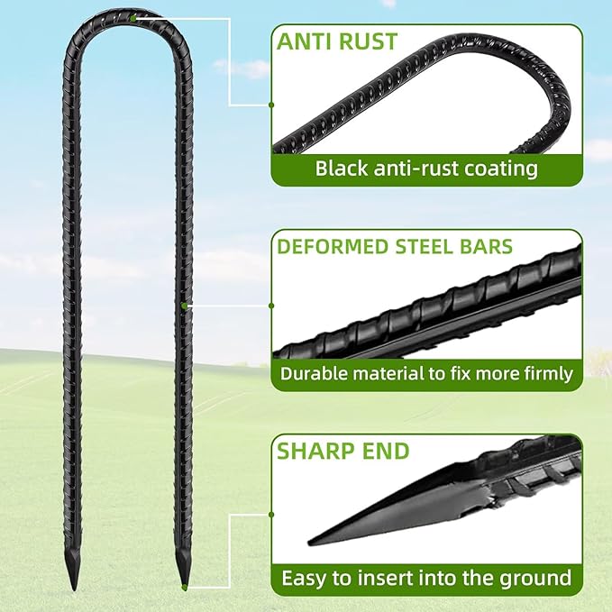 Black Trampoline Stakes Anchors High Wind 12inx6mm Galvanized U Hook 10pcs Rebar Stakes – Heavy Duty Ground Anchors for Trampoline,Yard & Inflatable,Landscape Metal Stakes for Outdoor Decorations