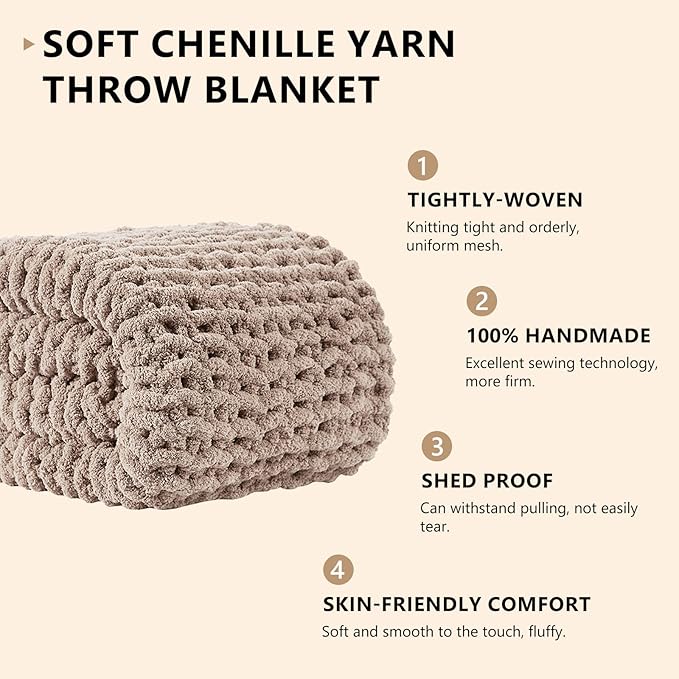 L'AGRATY Chunky Knit Blanket Throw: 72''x84'' Chenille Chunky Knitted Throw Blankets for Bed Couch - Handmade Thick Big Cable Knit Blanket - Large Crochet Rope Blankets for Home Decor(Light Taupe)