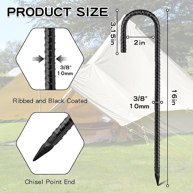 Black Rebar Stakes 16inx10mm Galvanized J Hook 12pcs – Heavy Duty Ground Tent Stakes for Fence,Bounce House,Outdoor Plants,Artificial Turf,Dog Coop,Metal Stakes for Christmas Decorations