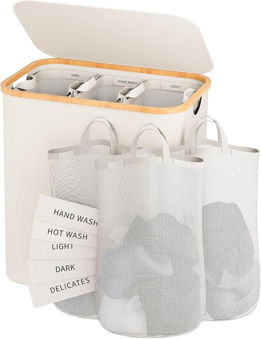 Laundry Hamper with Lid, 160L Dirty Clothes Hamper for Laundry Basket 3 Section, Extra Large Laundry Sorter Hamper 3 Compartment with Removable Inner Bags & Labels, Beige