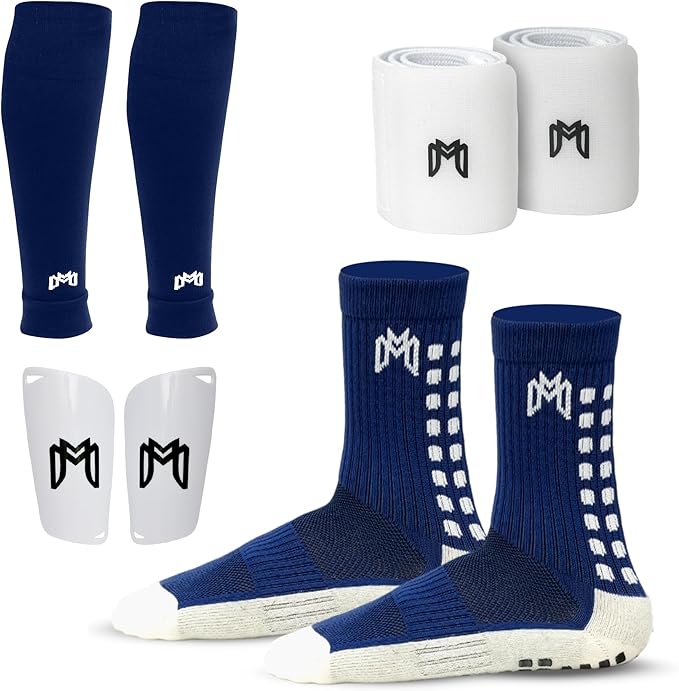 Soccer Grip Socks, Shin Guards, Pre Cut Sock Sleeves, and Guard Straps Bundle Pack - Essential Equipment for Soccer Players - for Mens, Women, Youth, Size 7 to 12 US Men Shoe Size