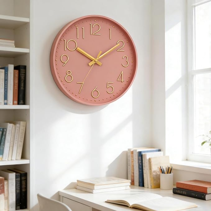 DAXSMY Wall Clock - 12 Inch Silent Non-Ticking Modern 3D Wall Clocks Battery Operated - Decorative Clock for Kitchen, Home Office, Bathroom, Bedroom, Living Room(Pink)