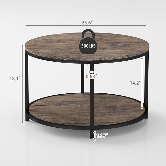 NSdirect Round Coffee Table, 25.6" Small Coffee Table for Living Room,2-Tier Rustic Wood Desktop with Storage Shelf Modern Design Home Furniture(Light Walnut)