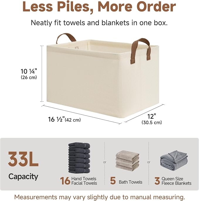 StorageWorks Storage Bins, Shelves Baskets for Organizing, Large Fabric Closet Organizers with Handles, Metal Frame, Beige-Texture, 2-Pack