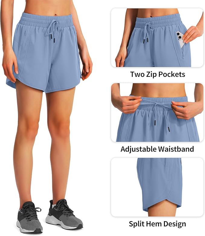 Ksmien Women's 5" Athletic Running Shorts Quick Dry Lightweight Workout Gym Shorts with Zipper Pockets UPF 50+