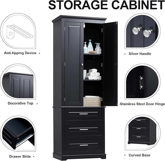 Storage Cabinet, Tall Bathroom Cabinet with Adjustable Shelf | Tall storage cabinet, upper enclosed cabinet and 3 pull-out compartments keep daily essentials organized
