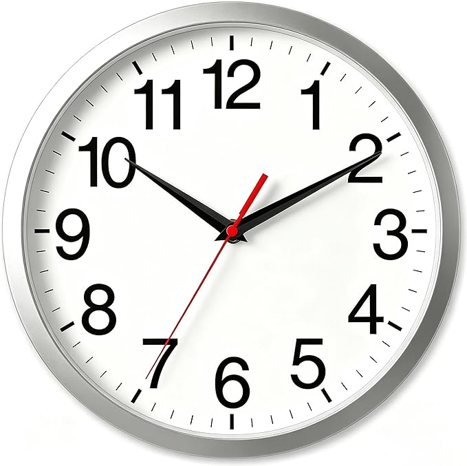 Rohioue 14 Inch Wall Clock Modern Battery Operated Silent Non Ticking Analog Clock Decorative for Bedroom Kitchen Bathroom Office Home Living Room (Silver)