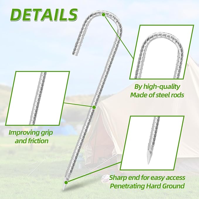 Rebar Stakes 12inx6mm Galvanized J Hook 8pcs – Heavy Duty Ground Tent Stakes for Fence,Bounce House,Outdoor Plants,Artificial Turf,Dog Coop,Metal Stakes for Christmas Decorations