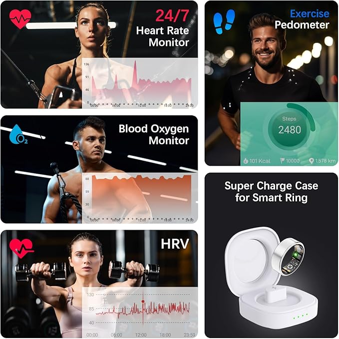 Health Tracker Ring, Smart Health Ring for Women Men with Heart Rate, Blood Oxygen, Sleep Monitor, Steps,Calories, No Subscription Fee, IP68 Waterproof Smart Ring for iPhone & Android (Silver, 7#)