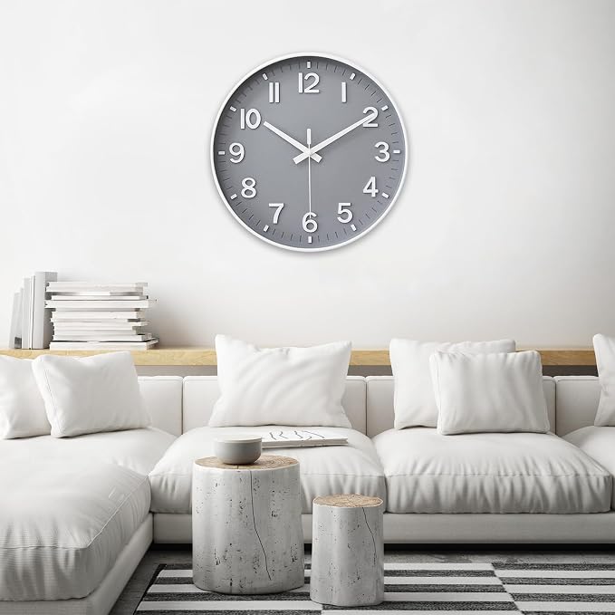 HZDHCLH Wall Clocks Battery Operated,Wall Clock Gray,14 inch Wall Clock Silent Non Ticking Modern 3D Numbers for Kitchen Bedroom Living Room Office Classroom Decor