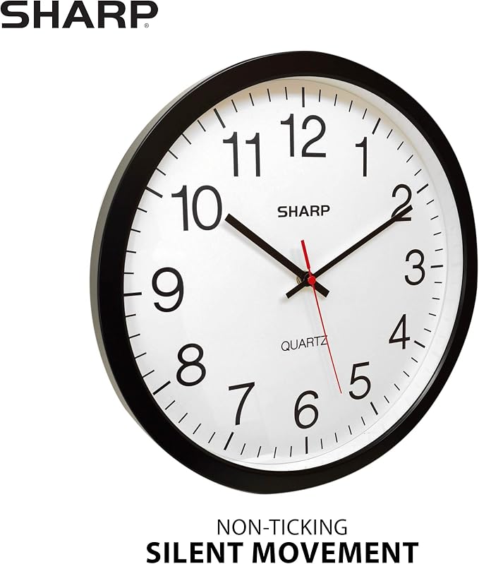 Sharp Wall Clock – Black, Silent Non Ticking 14 Inch Quality Quartz Battery Operated Round Easy to Read Home/Kitchen/Office/Classroom/School Clocks, Sweep Movement