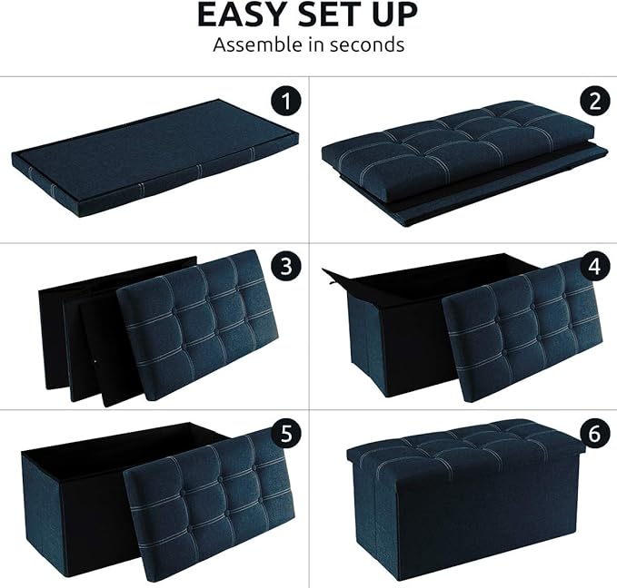 YOUDENOVA 30 Inches Folding Ottoman with Storage, Footrest Seat Support 350lbs, Bench for Living Room Bedroom, Linen Fabric Blue