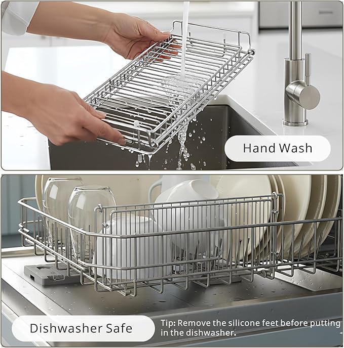 Collapsible Dish Drying Rack with Green Drying Mat, Small Expandable Dish Drying Rack, Compact Dishes Drying Rack for Kitchen Counter - Foldable, Stainless Steel, Silver