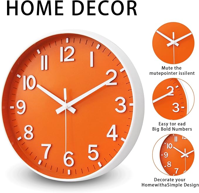HZDHCLH Wall Clocks Battery Operated,Wall Clock Orange,10 inch Wall Clock Silent Non Ticking Modern 3D Numbers for Kitchen Bedroom Living Room Office Classroom Decor